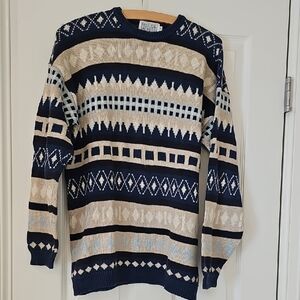 Men's Navy and Cream Patterned Sweater